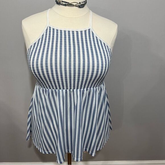 ‎Blue and White Striped High Neck Smocked Top - 00 - Picture 2 of 11